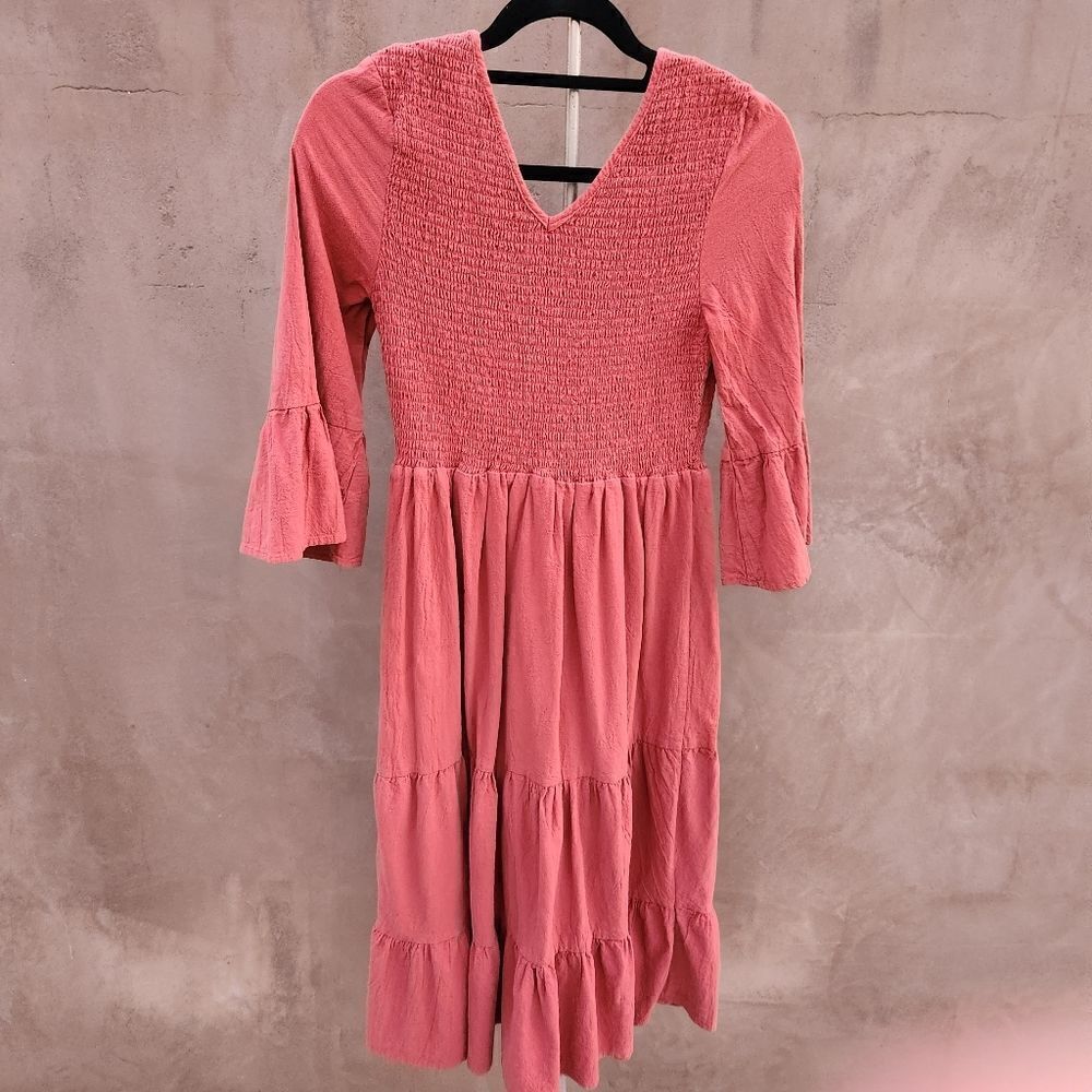 Loveriche shirred bodice ruffle midi dress rust/ brick red colored